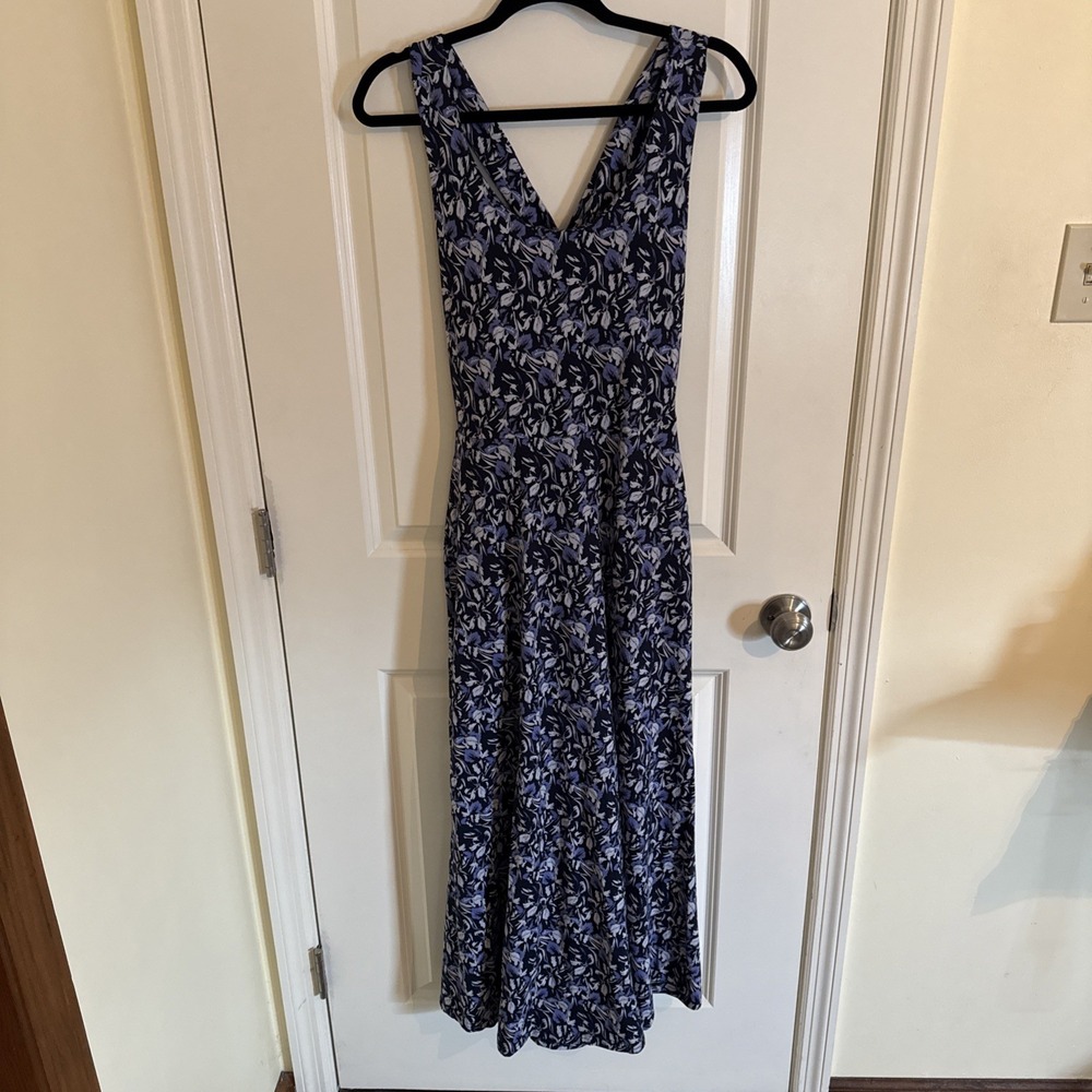 Pact Organic Cotton Floral Maxi Dress Navy Lavender Strappy Cross Back Medium